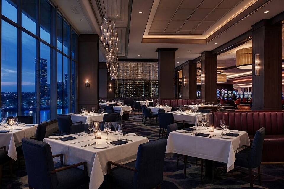 Empty dining room with white linens and soft evening light